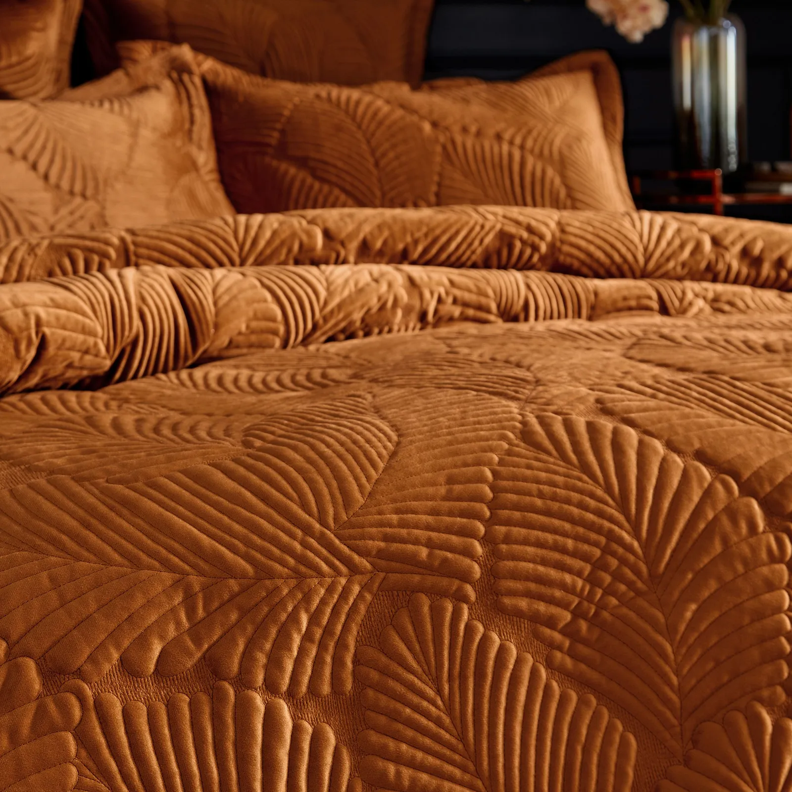 Paoletti Palmeria Quilted Velvet Duvet Cover Set in Orange 4