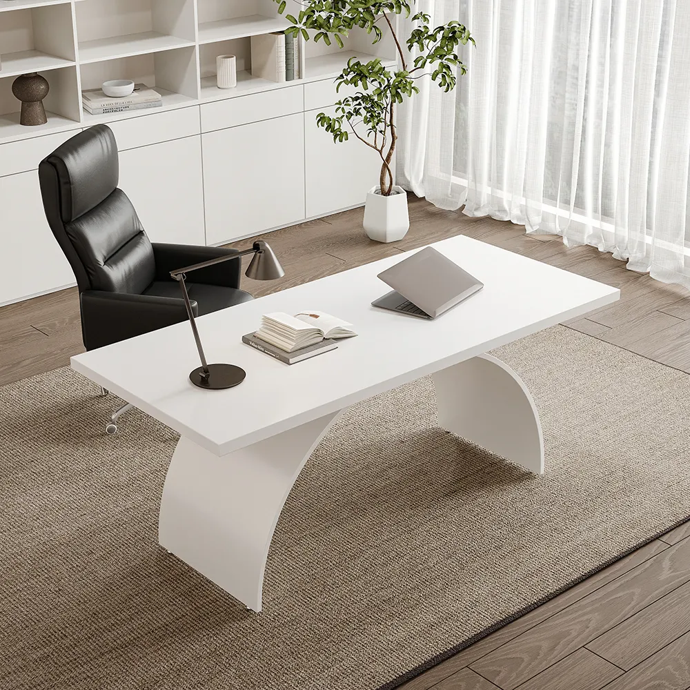 Industrial 180 cm Rectangular White Wood Desk with Metal Base