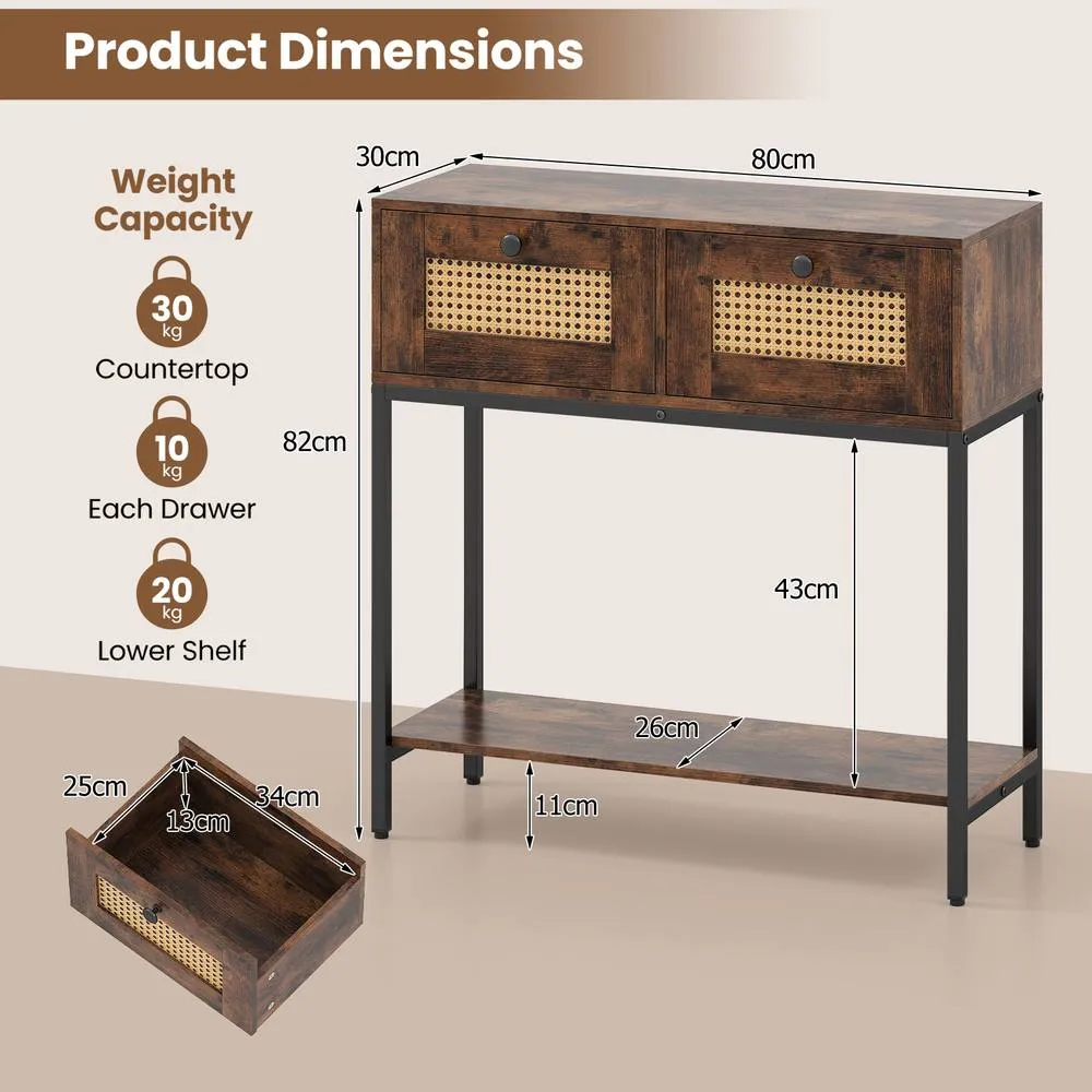 Costway 80CM Boho Console Table Modern Wooden Entryway Table w/2 Drawers in Brown 2