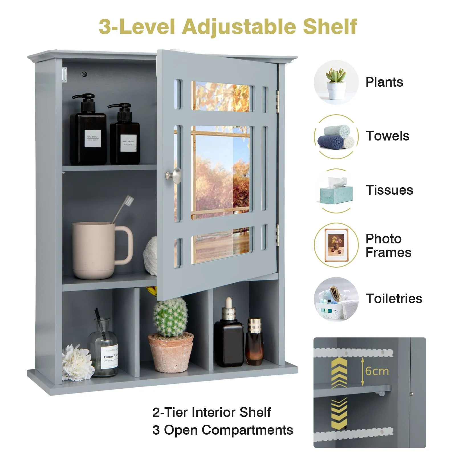 Costway Bathroom Wall Storage Cabinet Wooden Hanging Medicine Organizer W/ Mirror in Grey 5