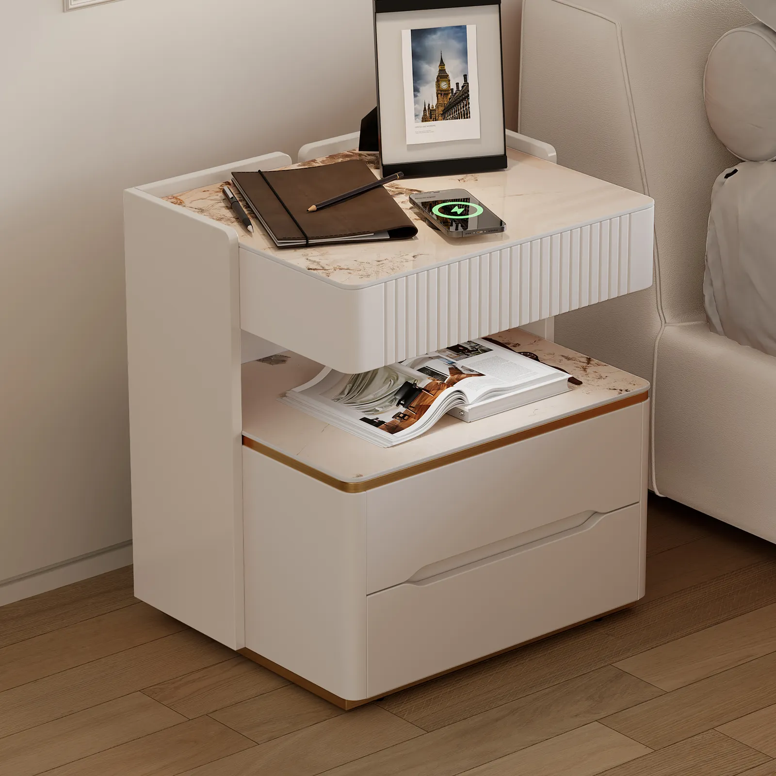 Modern Smart Bedside Table with Wireless Charger & Sensor Light & Bluetooth Speakers Sintered Stone Bedside Table