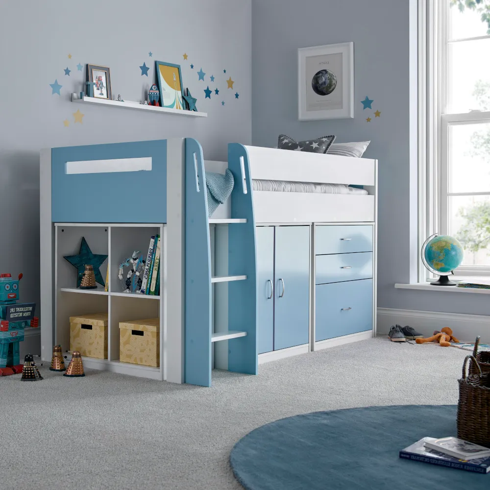Lacy - Single - Storage Midsleeper Bed - White/Blue - Wooden - 3ft - Happy Beds 1