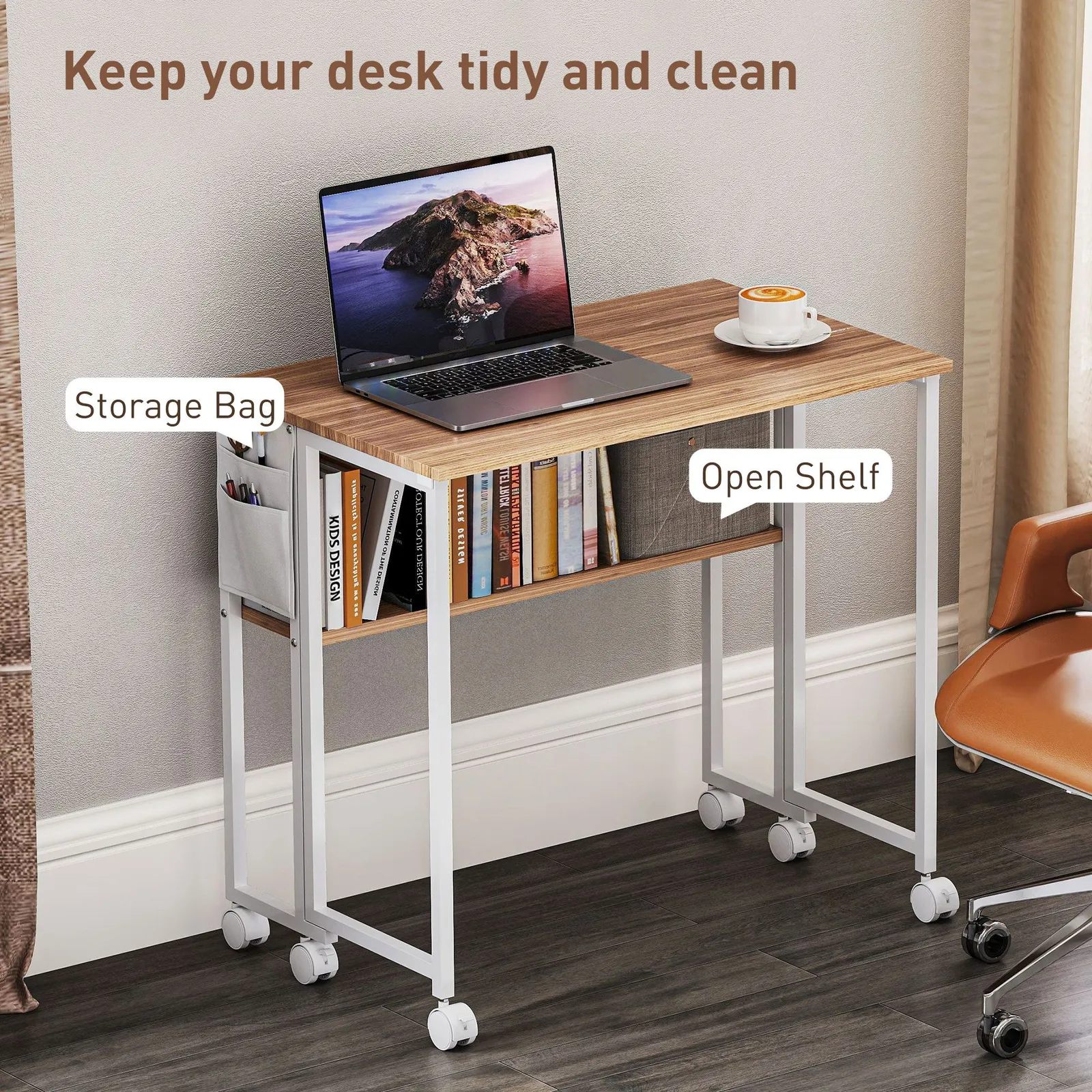 HOMCOM 80 cm Foldable Computer Desk on Wheels for Small Spaces Natural 6