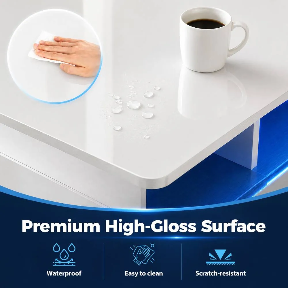 Costway Coffee Table 20-Colour Lighted High Glossy Center Table With 2 Drawers in White 6