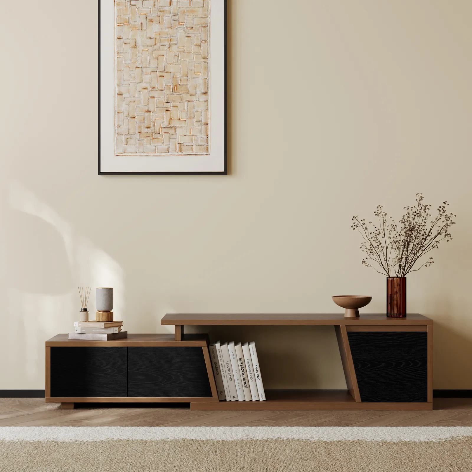 Fero Black & Walnut Extendable TV Stand with 3 Drawers(1200mm-1800mm)