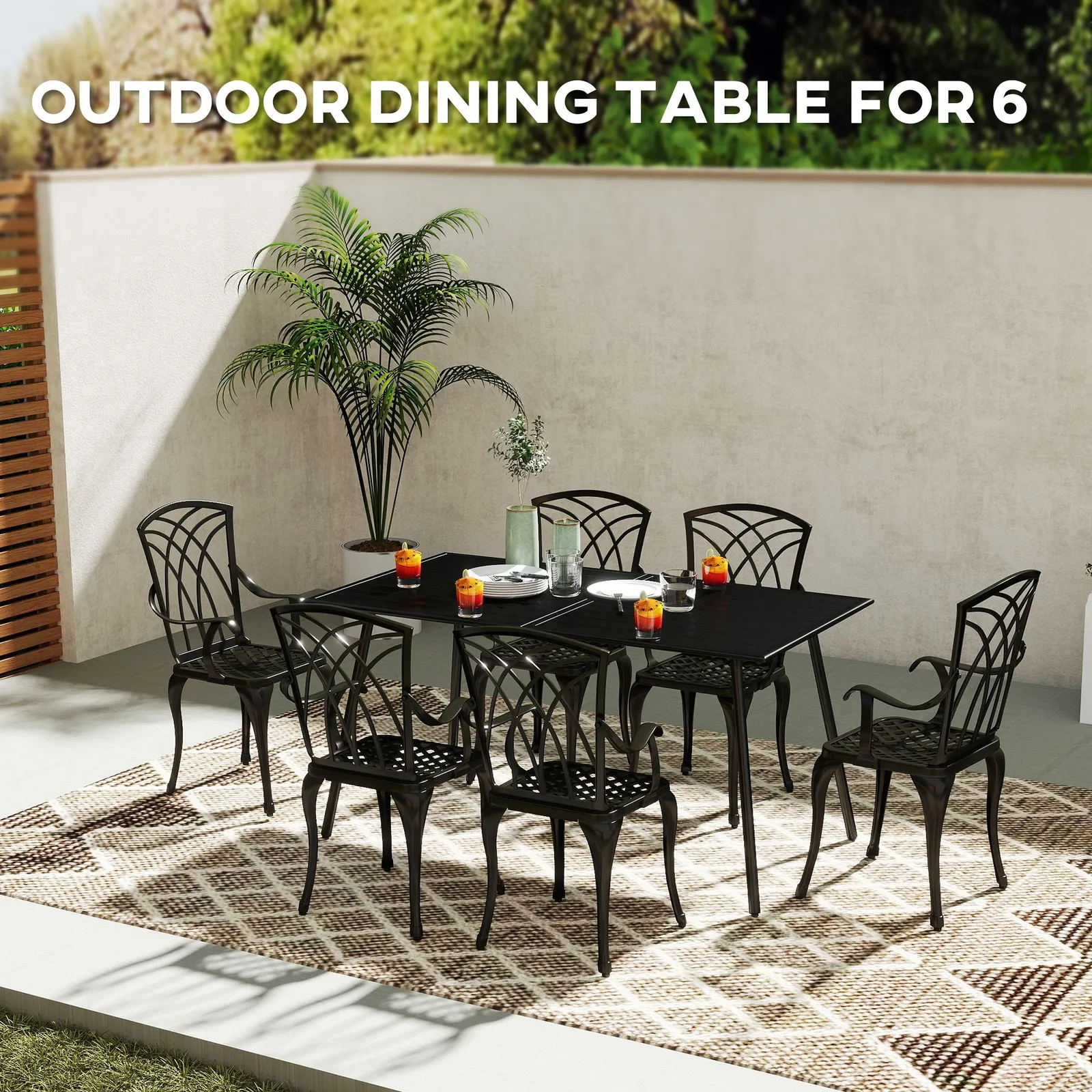 OUTSUNNY Garden Table for 6 Person with Slat Top, Steel Frame, Black 4