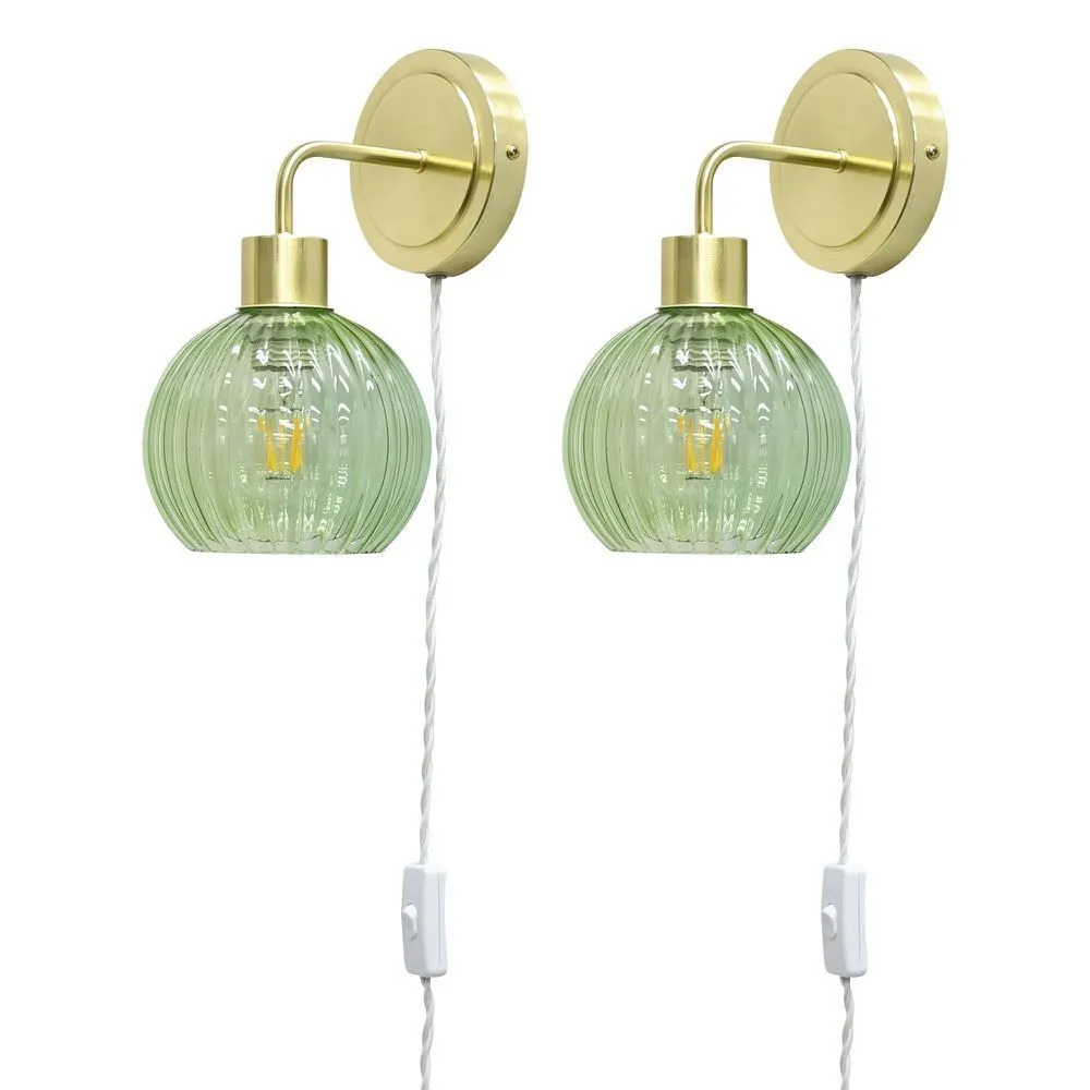 First Choice Lighting Set of 2 Toby - Satin Brass Plug in Wall Lights Green Ribbed Shades in Gold