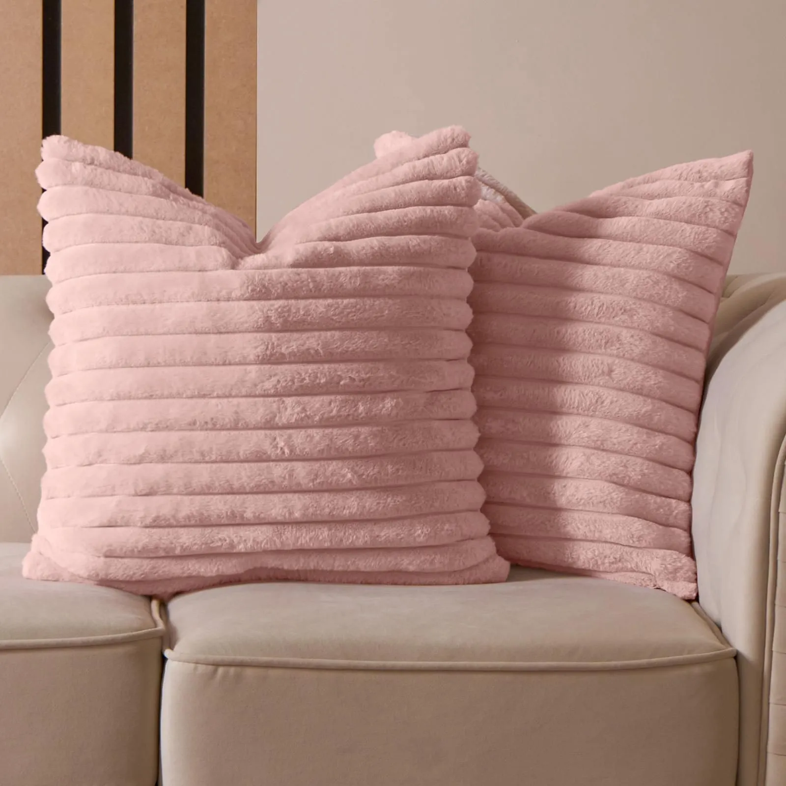 OHS 2 x Faux Fur Thick Rib Cushion Covers in Pink