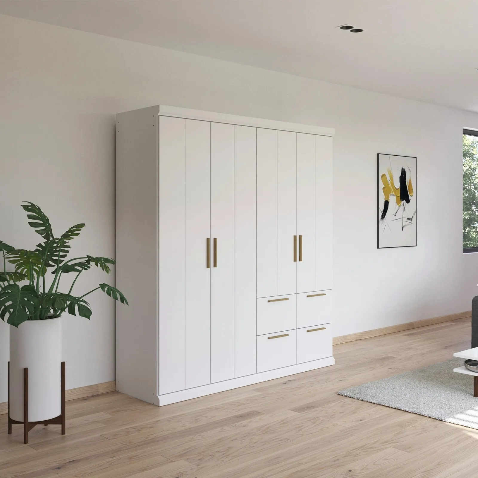 Malham 4 Door Hinged Wardrobe 181X203Cm With Cornice, White Wood | Barker & Stonehouse 2