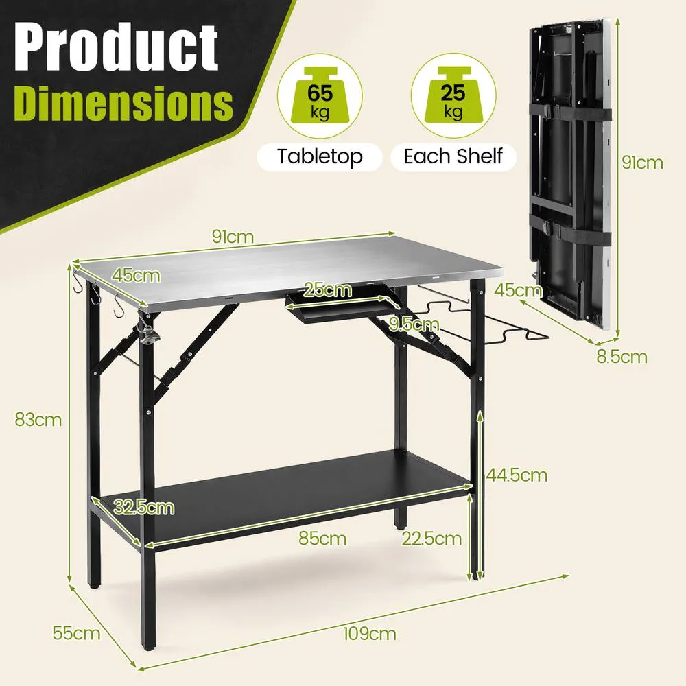 Costway Portable Grill Prep Table w/ Trash Bag Holder, Paper Towel Rack in Black 2