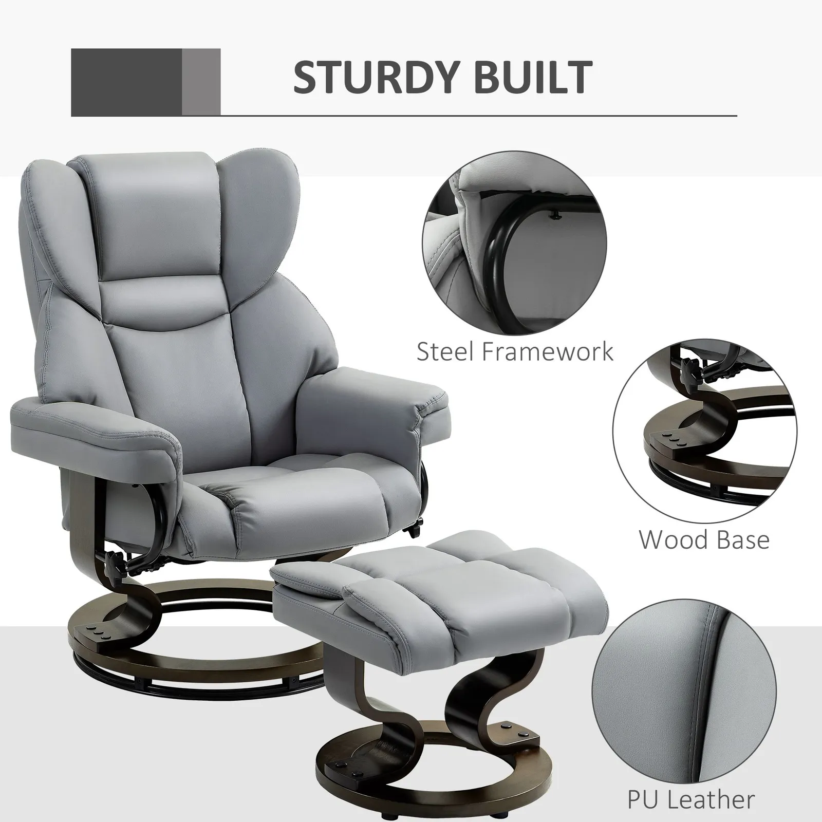 HOMCOM PU Leather Manual Reclining Armchair Footstool Padded Seat Light Grey 6