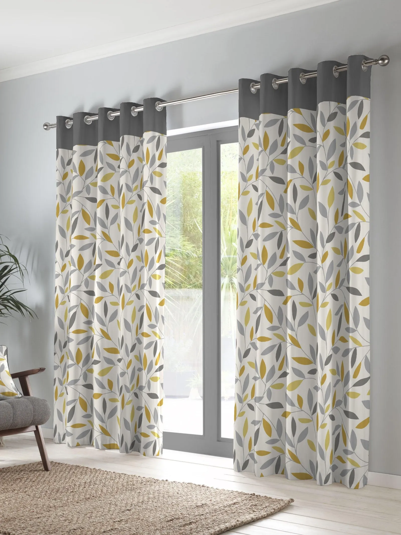 Fusion 'Beechwood' Leaf Trail Pair of 100% Cotton Eyelet Curtains in Mustard