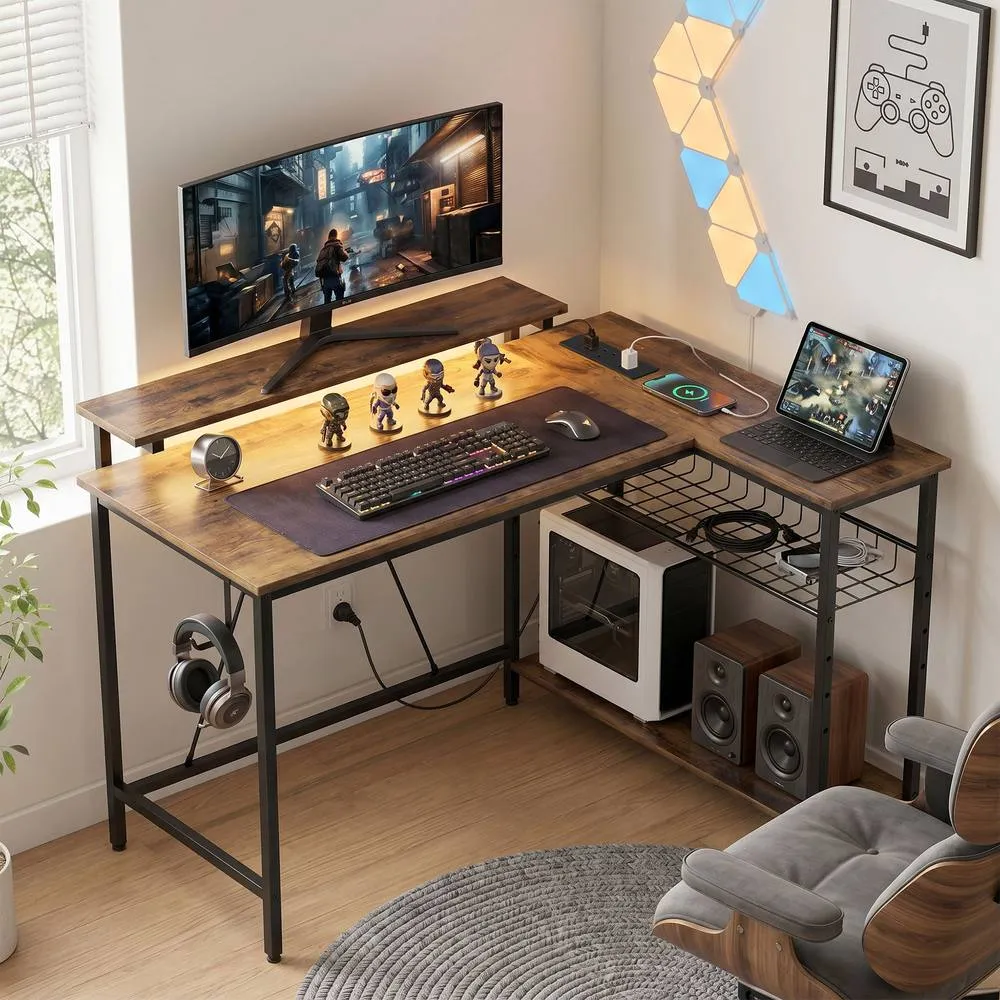 HOMCOM L Shaped Desk with LED Lights & Storage, Rustic Brown 2