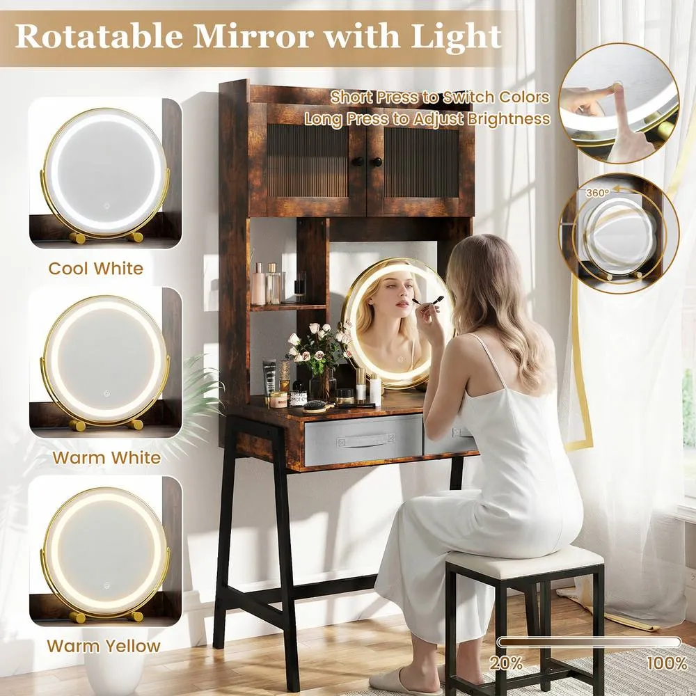 Costway Makeup Vanity Desk w/Mirror & Lights Dressing Table w/Charging Station in Brown 6