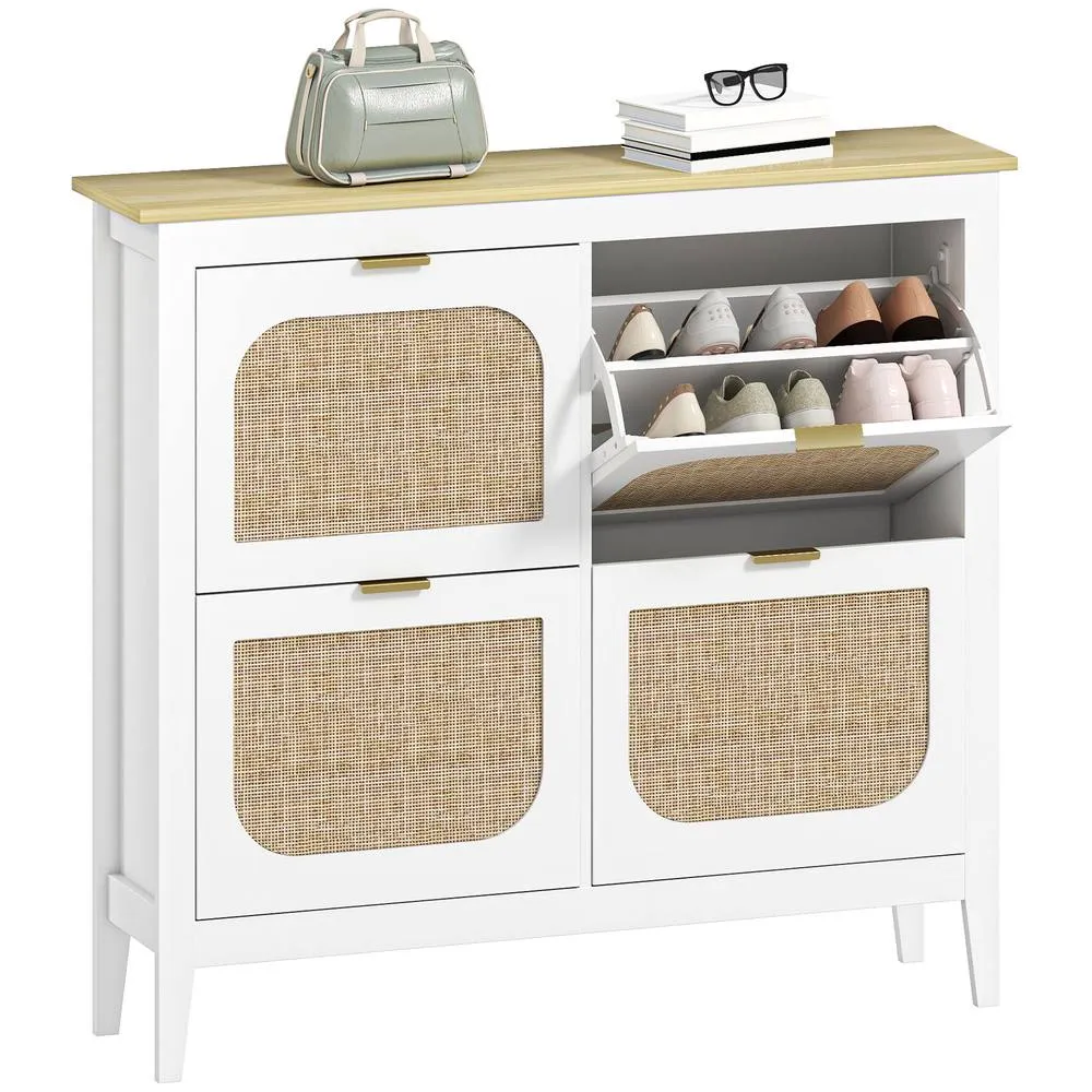 HOMCOM Boho Slim Shoe Cabinet with Rattan Doors, Holds 20 Pairs, White 2