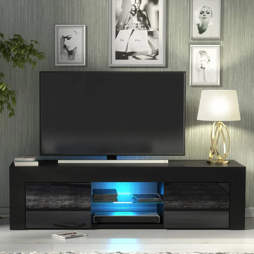 Creative Furniture Loom TV Unit 130cm - Black with Gloss Doors & LED Lights