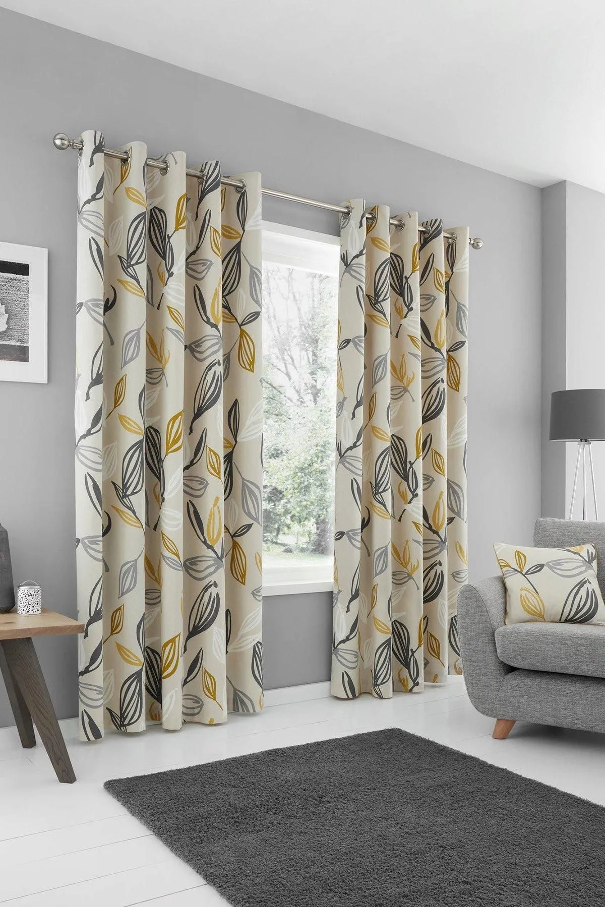 Fusion 'Ensley' 100% Cotton Botanical Print Pair of Eyelet Curtains in Mustard 2