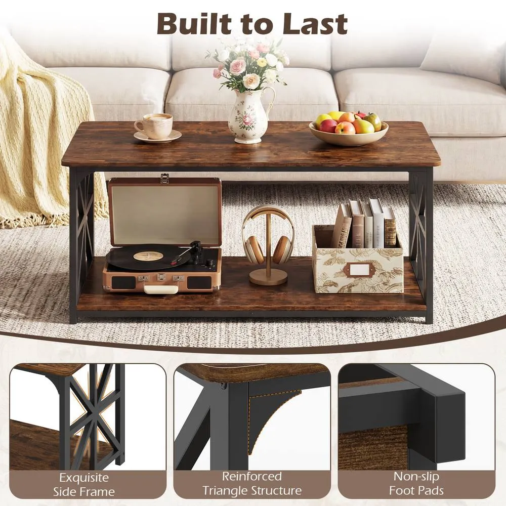 Costway Industrial Farmhouse Accent Table with Open Storage Shelf in Brown 2