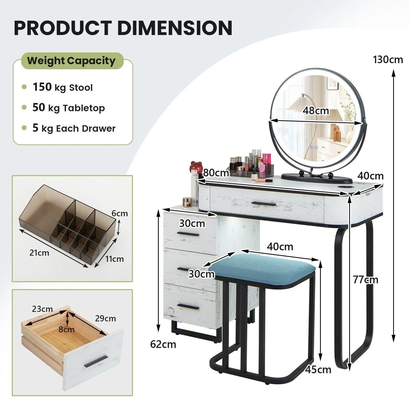 Costway Dressing Table Vanity Set Makeup Stool w/ Charging Station & 3Color Lighted Swivel Mirror & 3Drawer Chest in White 2