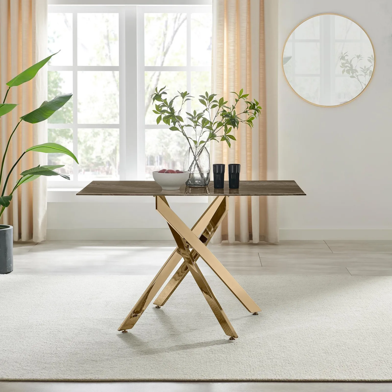 FurnitureboxUK Leonardo 4-Seater Dining Table With Marble Effect Glass Top & Gold Metal Legs in Dark Brown 1