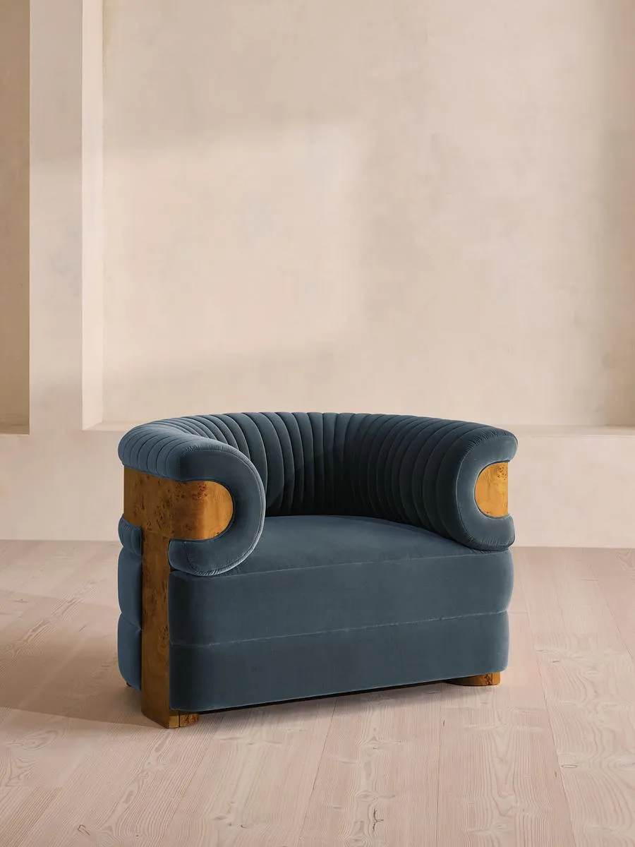 Caleb Armchair, Dark Burl, Velvet, Grey Blue