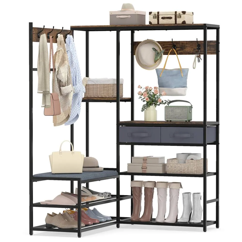 Costway 152 cm Corner Coat Rack with Shoe Bench L-Shaped Garment Rack With 7 Hooks in Brown