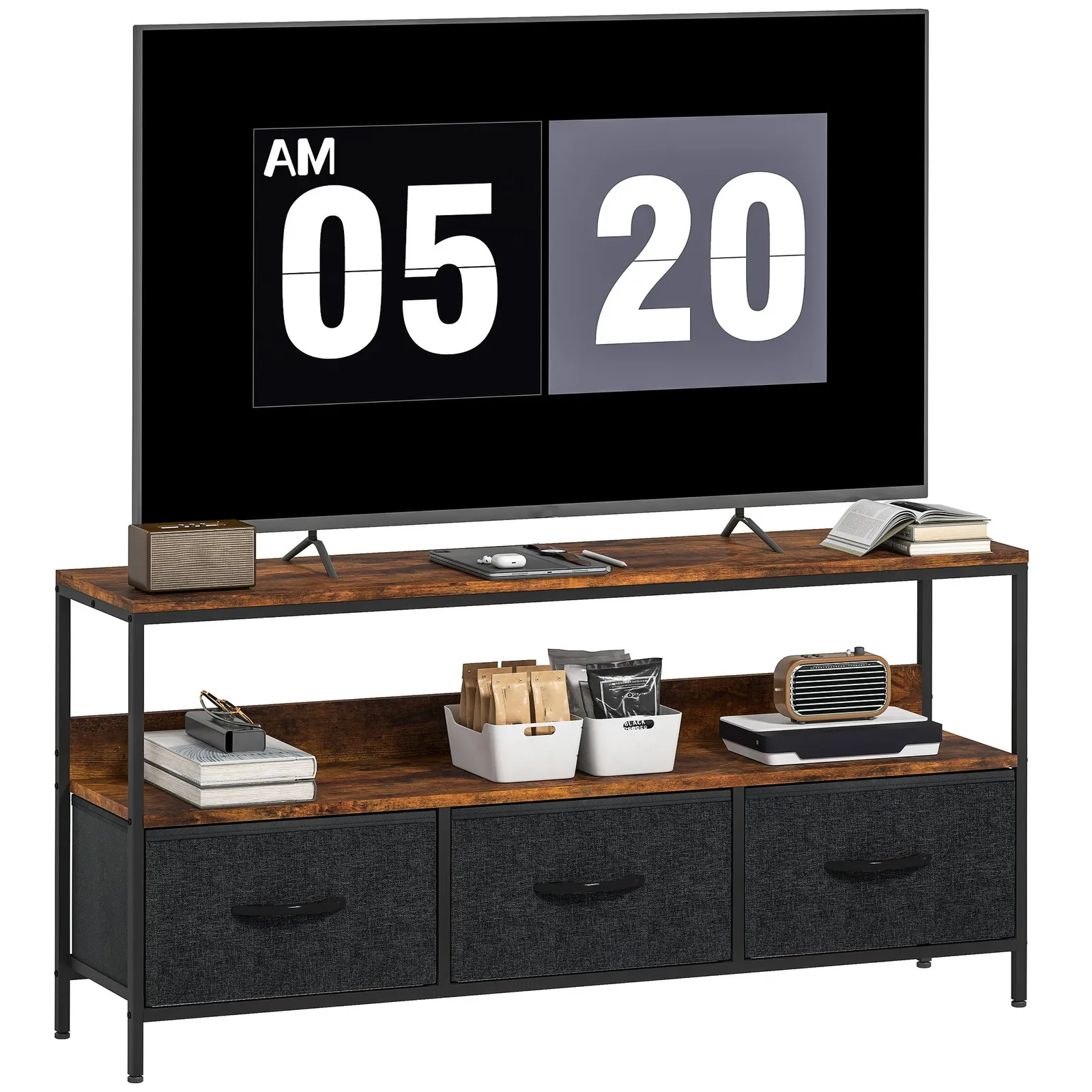 HOMCOM TV Cabinet, TV Console Unit with 3 Foldable Linen Drawers Brown 2