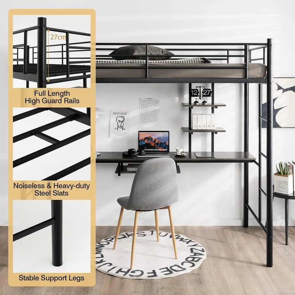 Costway 3.5FT Single Metal Loft Bed Frame High Sleeper Bunk Bed W/ Desk Storage Shelves in Black 4