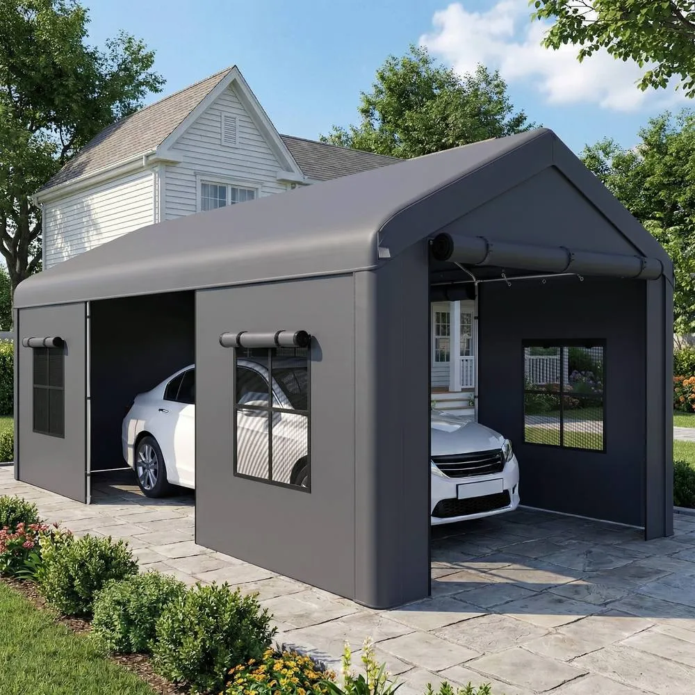 OUTSUNNY 3 x 6 m Heavy Duty Carport, Portable Garage with 3 Doors, Dark Grey 2