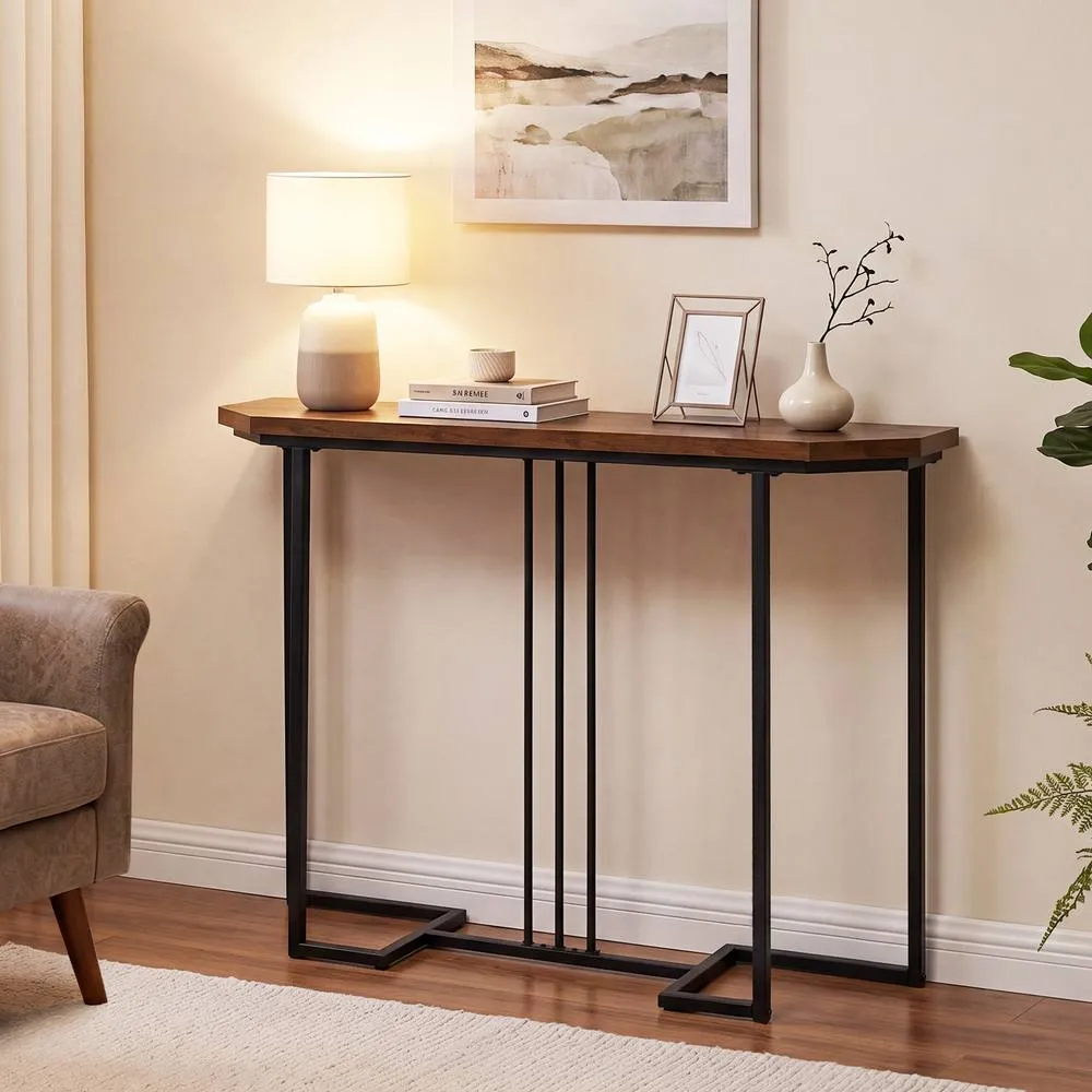 Costway Modern Console Table 110 CM Narrow Entryway Table with Faux Marble Top in Brown 3