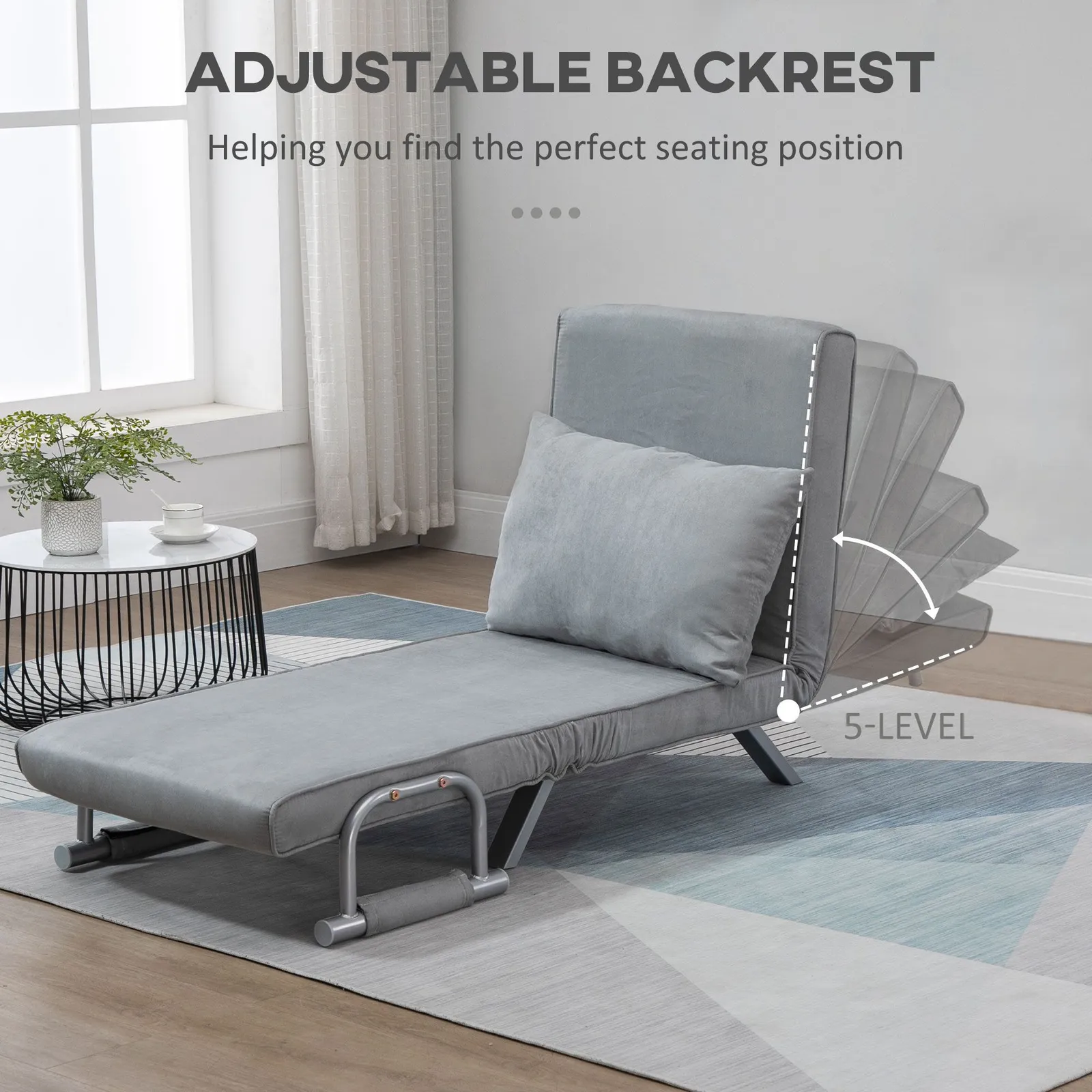 HOMCOM Single Folding 5 Position Convertible Sleeper Chair Bed in Light Grey 4