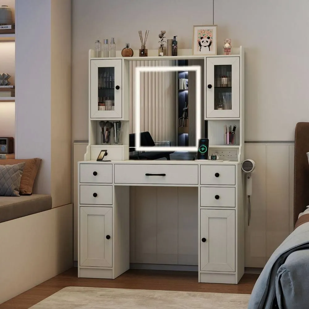 Costway Modern Dressing Table Vanity Desk with Mirror & Lights in White