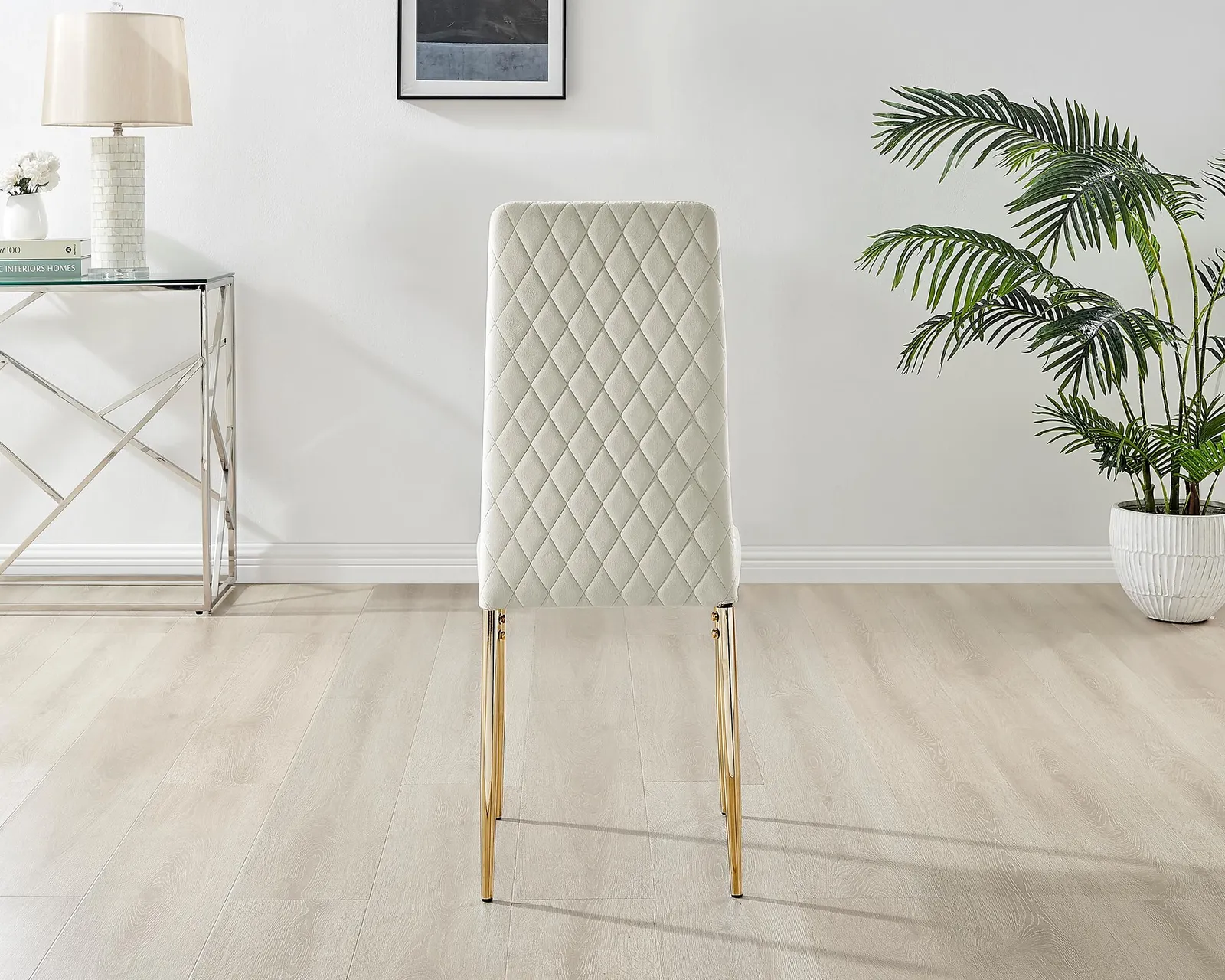 FurnitureboxUK Set of 4 Milan High Back Soft Touch Diamond Pattern Velvet Dining Chairs With Gold Chrome Metal Legs in Cream 6