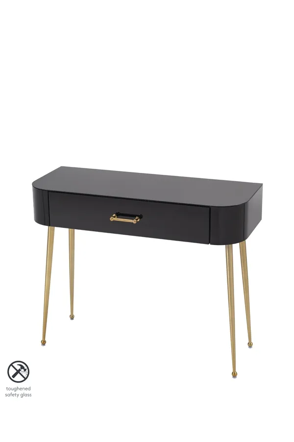 Mason Black Glass Console Table – Brushed Gold Legs