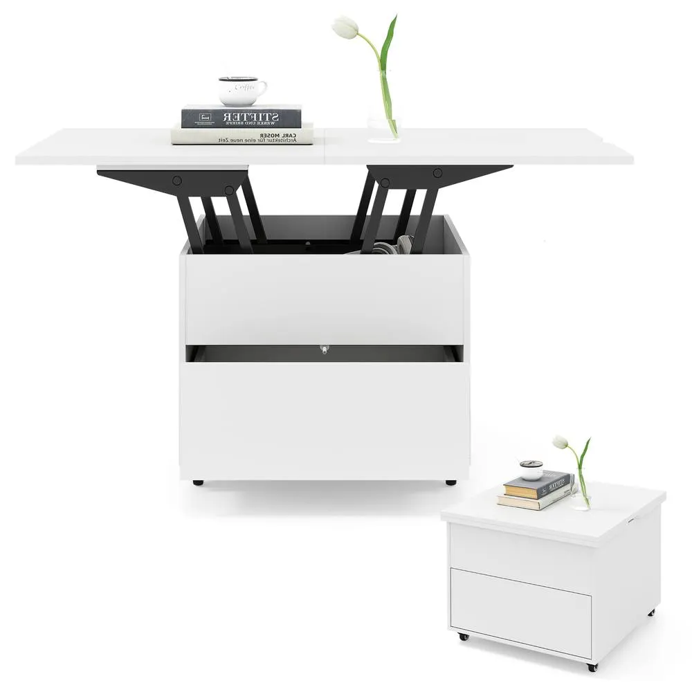 Costway Lift Top Coffee Table 3-In-1 Folding Center Table w/Hidden Storage in White