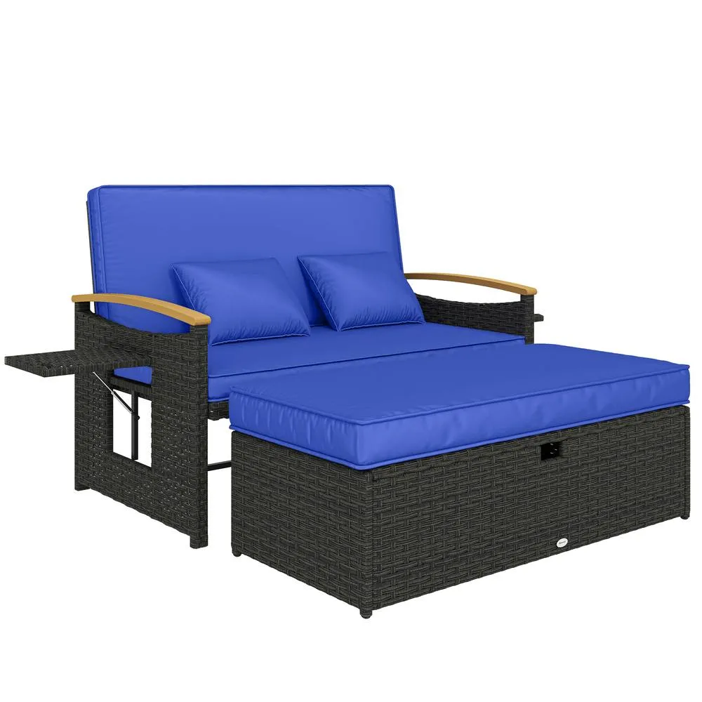 OUTSUNNY Double Garden Rattan Daybed with Storage Ottoman, Brown in Blue 2