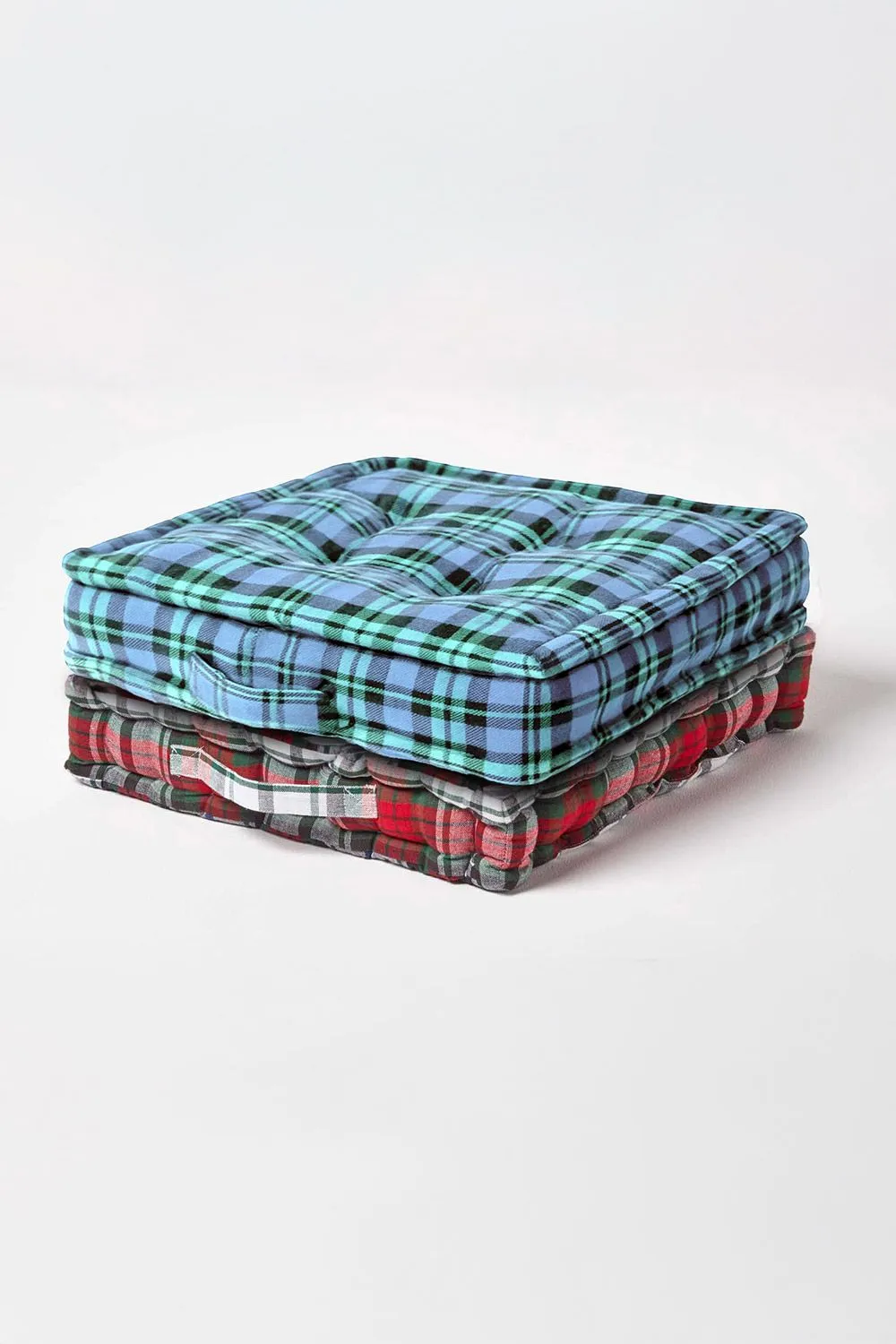 Homescapes Cotton Black Watch Tartan Floor Cushion in Blue 6