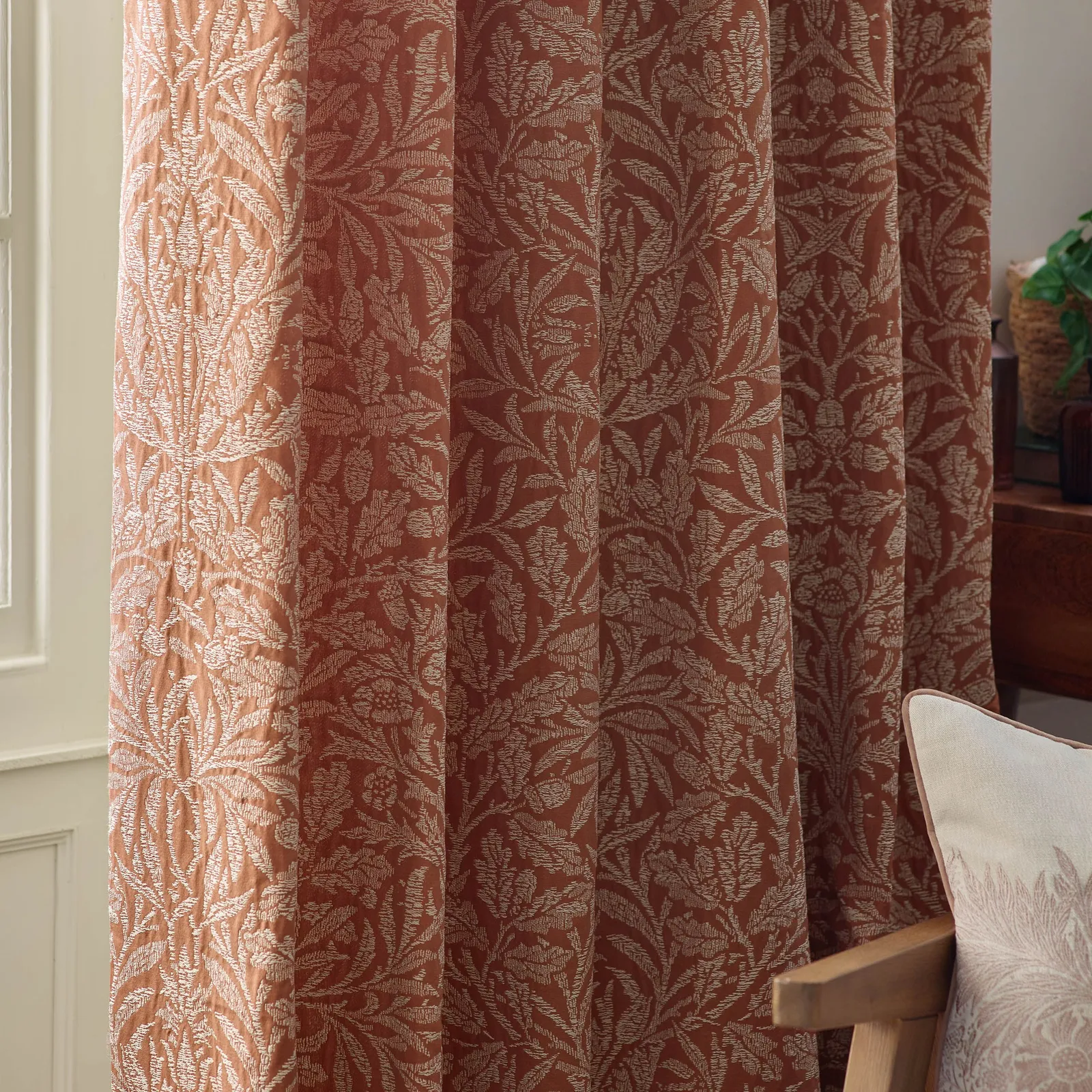 Morris & Co Acorn Tonal Fully Lined Matt Jacquard Pencil Pleat Curtains in Red 5