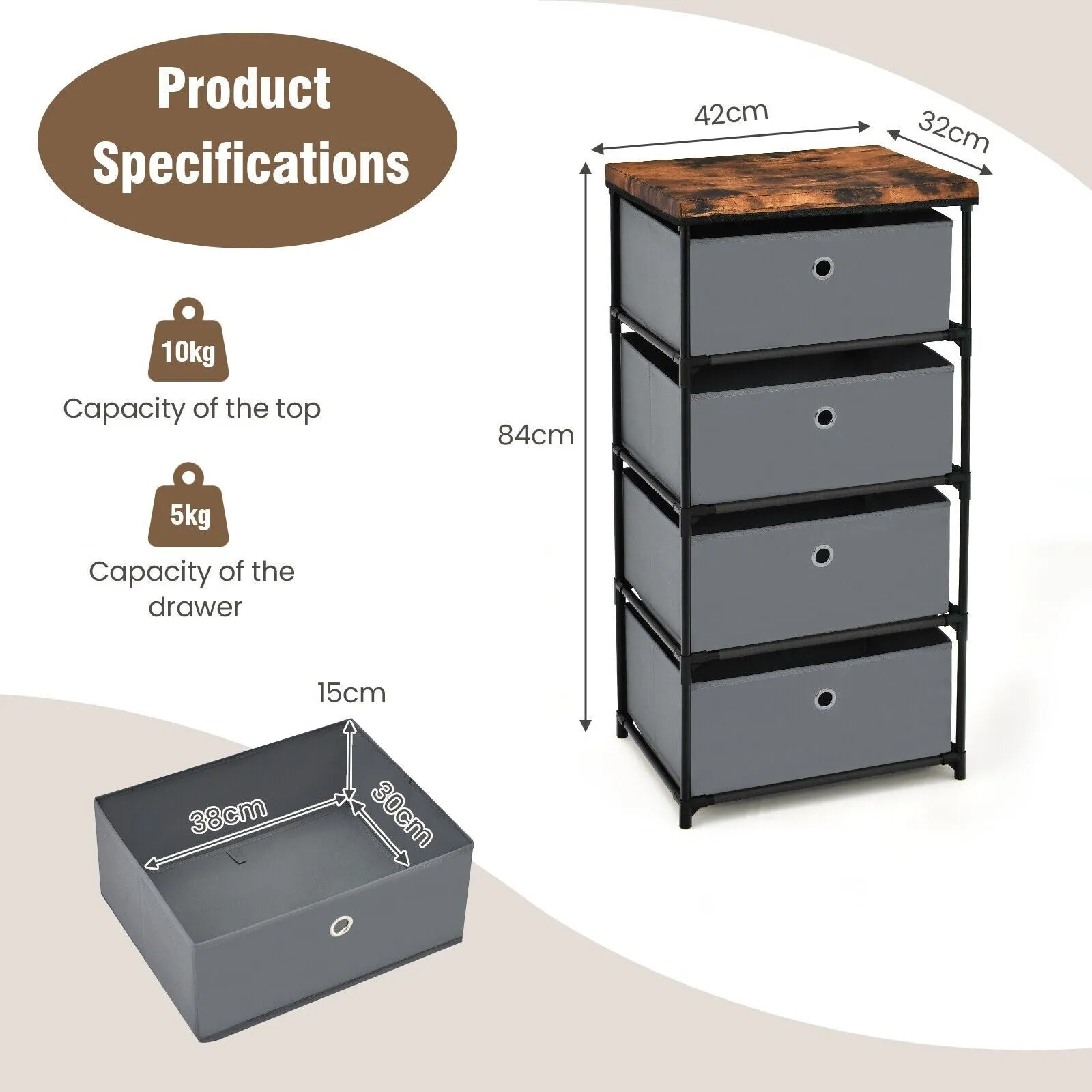 Costway 4 Drawer Fabric Dresser Storage 4-Tier Organizer Tower Dresser Nightstand w/ Drawers in Grey 2