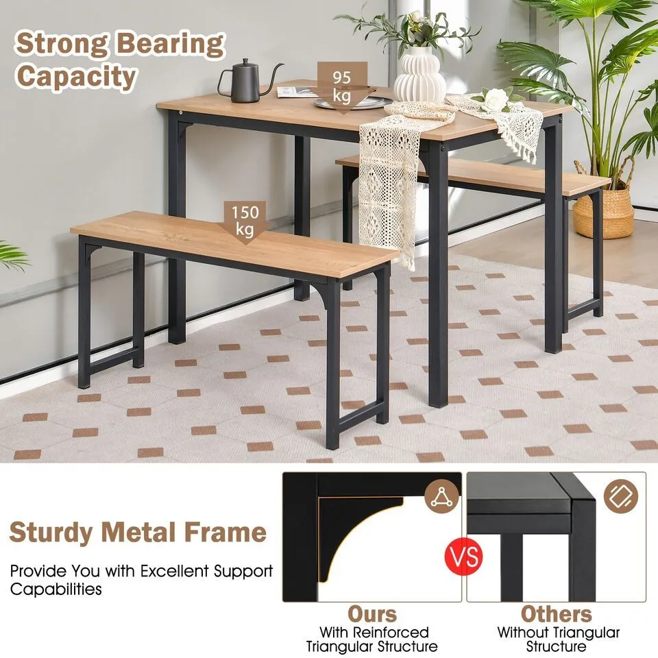 Costway 3 PCS Dining Table Set Space-Saving Kitchen Table Set w/2 Benches in Natural 6