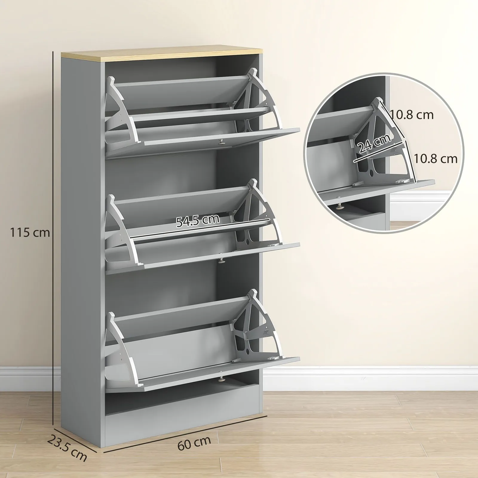 HOMCOM Narrow Shoe Cabinet with 3 Flip Drawers for 12-18 Pairs of Shoes Grey 3