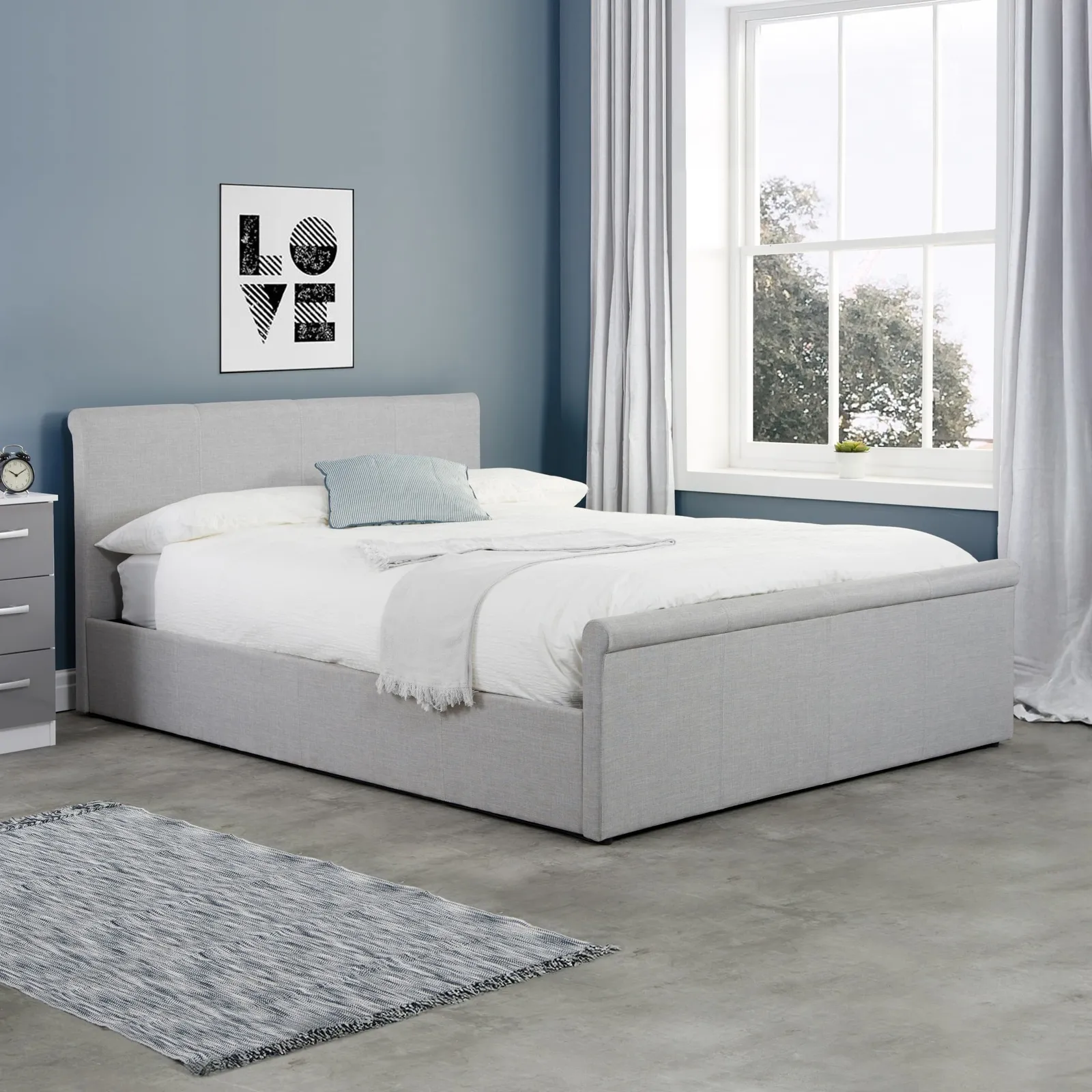 Stratus - Double - Sleigh Ottoman Bed - Grey - Fabric - 4ft6 - Happy Beds