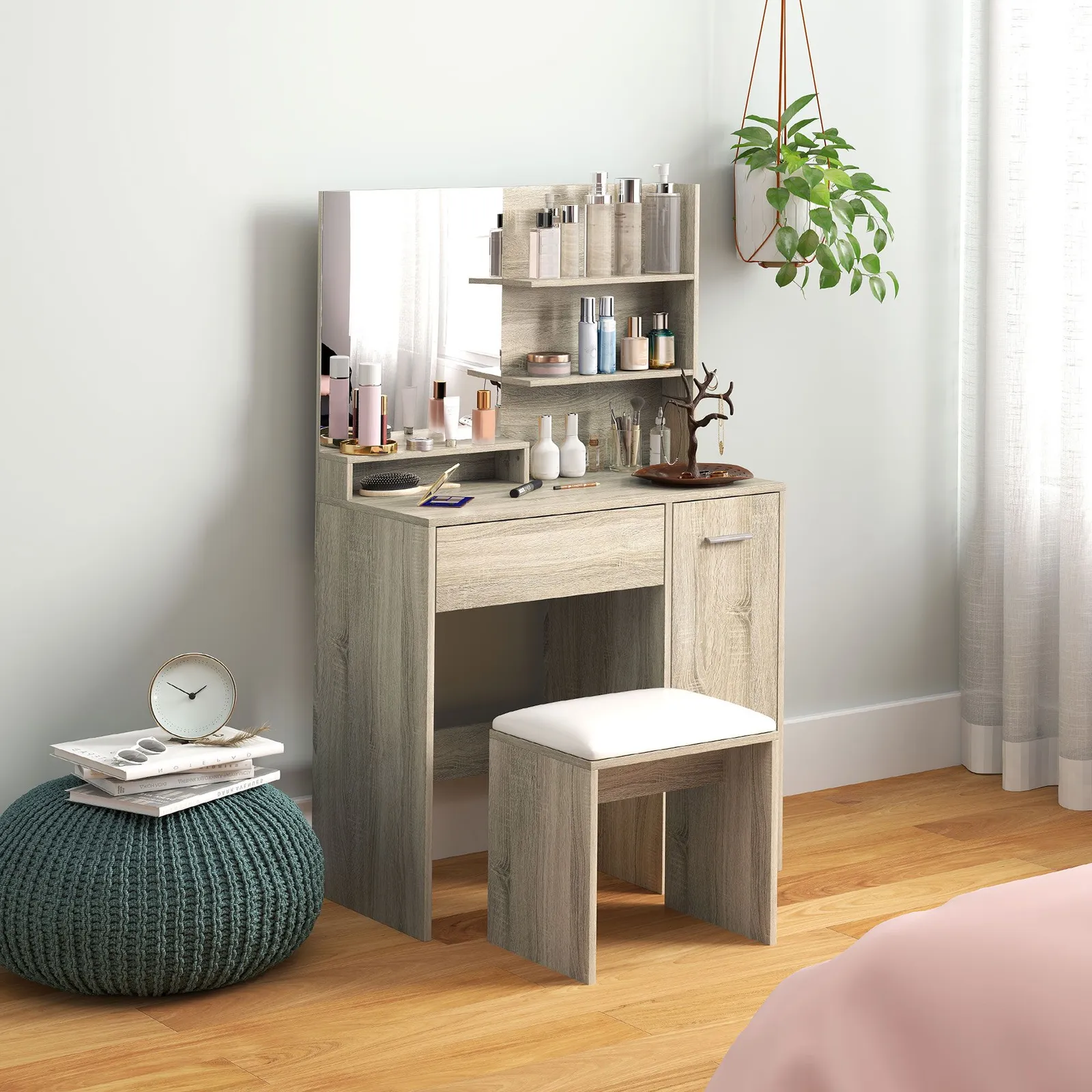 HOMCOM Dressing Table with Mirror & Stool, Makeup Desk for Bedroom in Natural