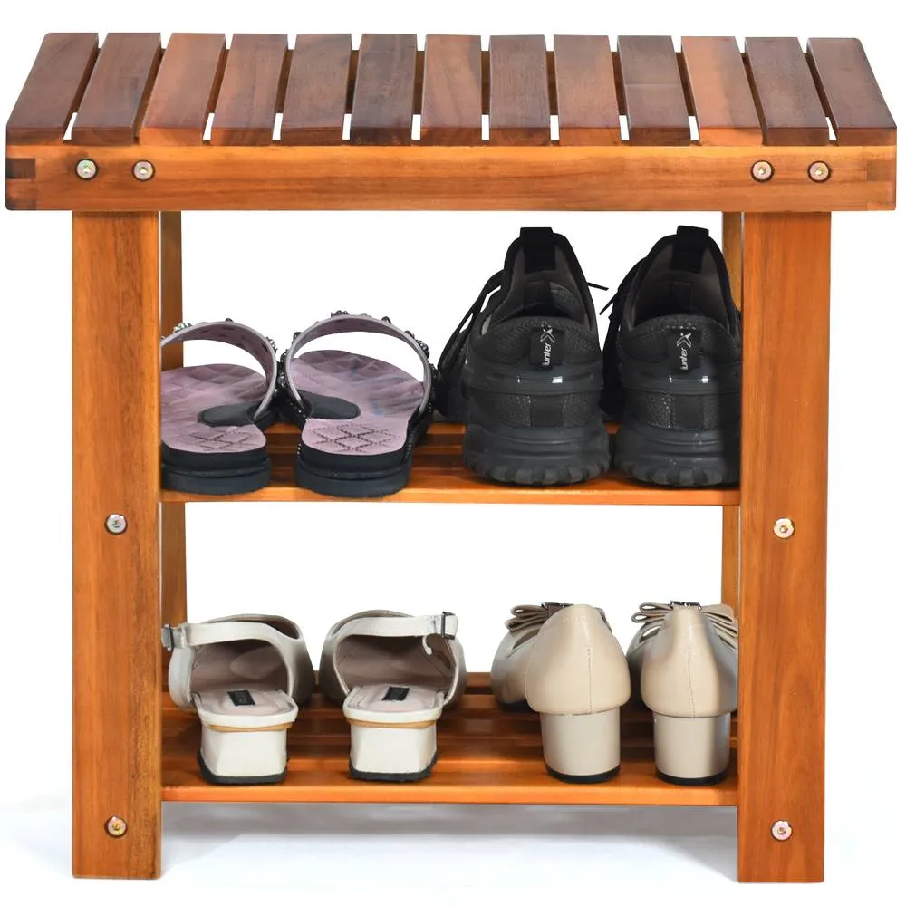 Costway Acacia Wood Shoe Rack Bench 3-Tier Shoe Organizer 50x28x45cm in Brown 3