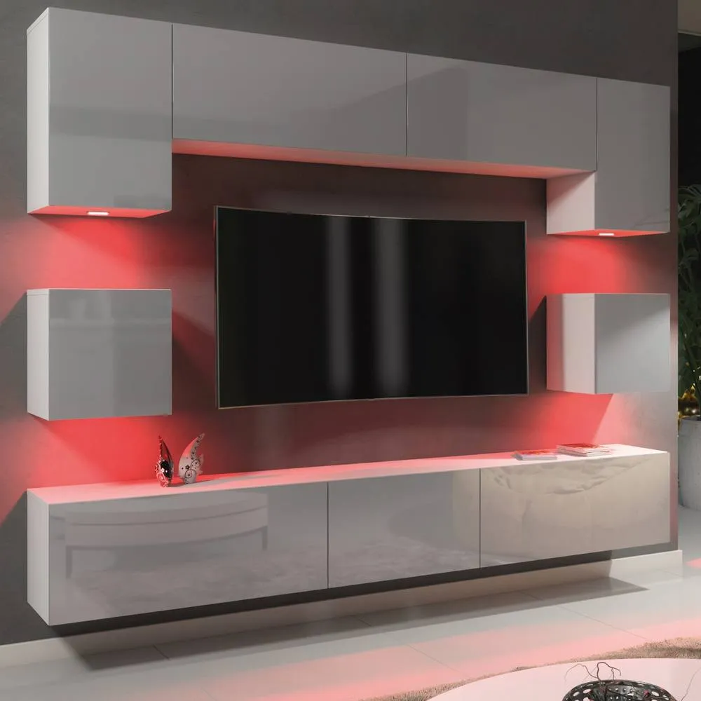 Creative Furniture Panorama Wall TV Unit - White & Grey Gloss Doors & LED Lights 5