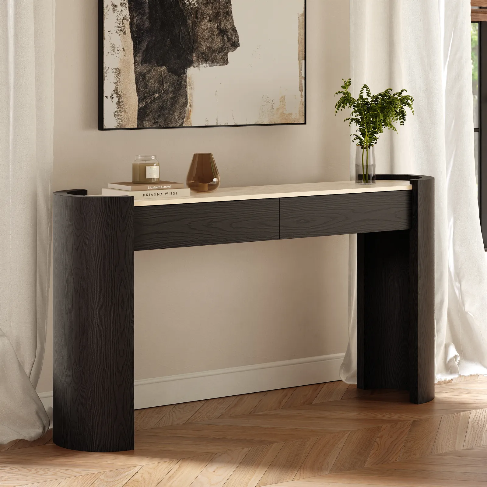 Japandi 60" Oval Sintered Stone Console Table With 2 Drawers