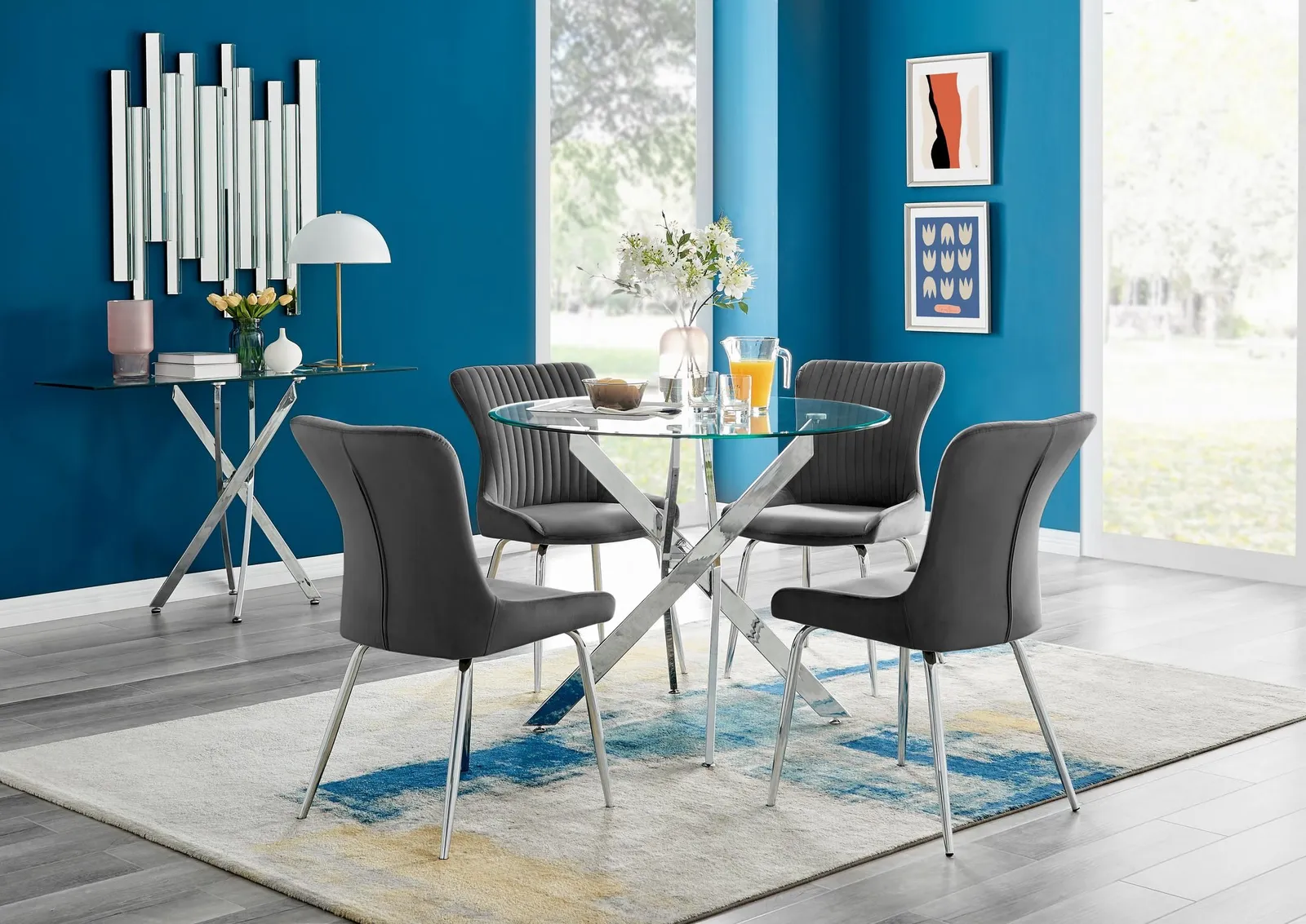 FurnitureboxUK Novara Round Glass Dining Table & 4 Nora Silver Leg Chairs in Dark Grey 1
