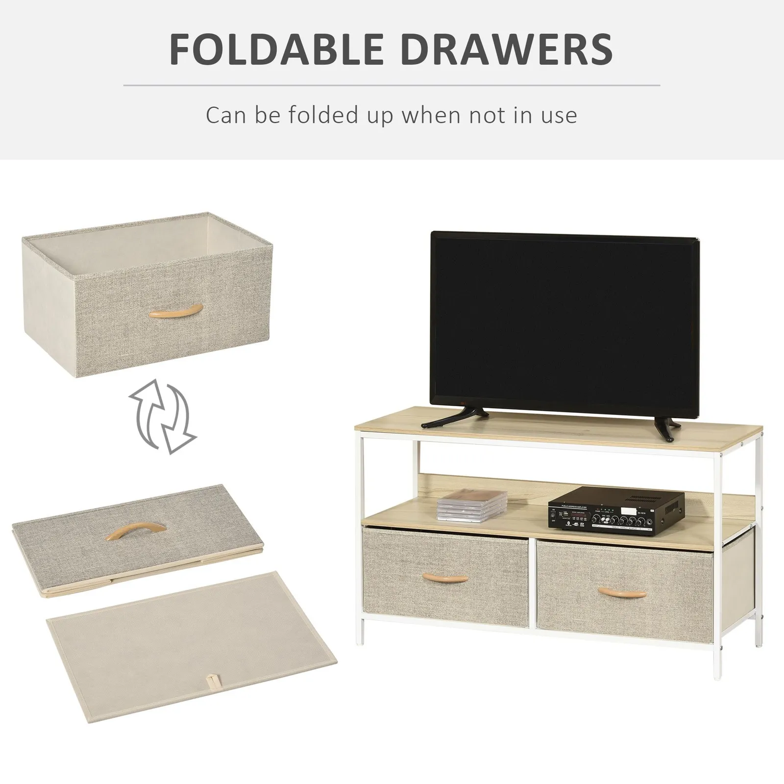 HOMCOM Cabinet, TV Console Unit W/ Foldable Linen Drawers, TV Stand for Living Room in Light Grey 4