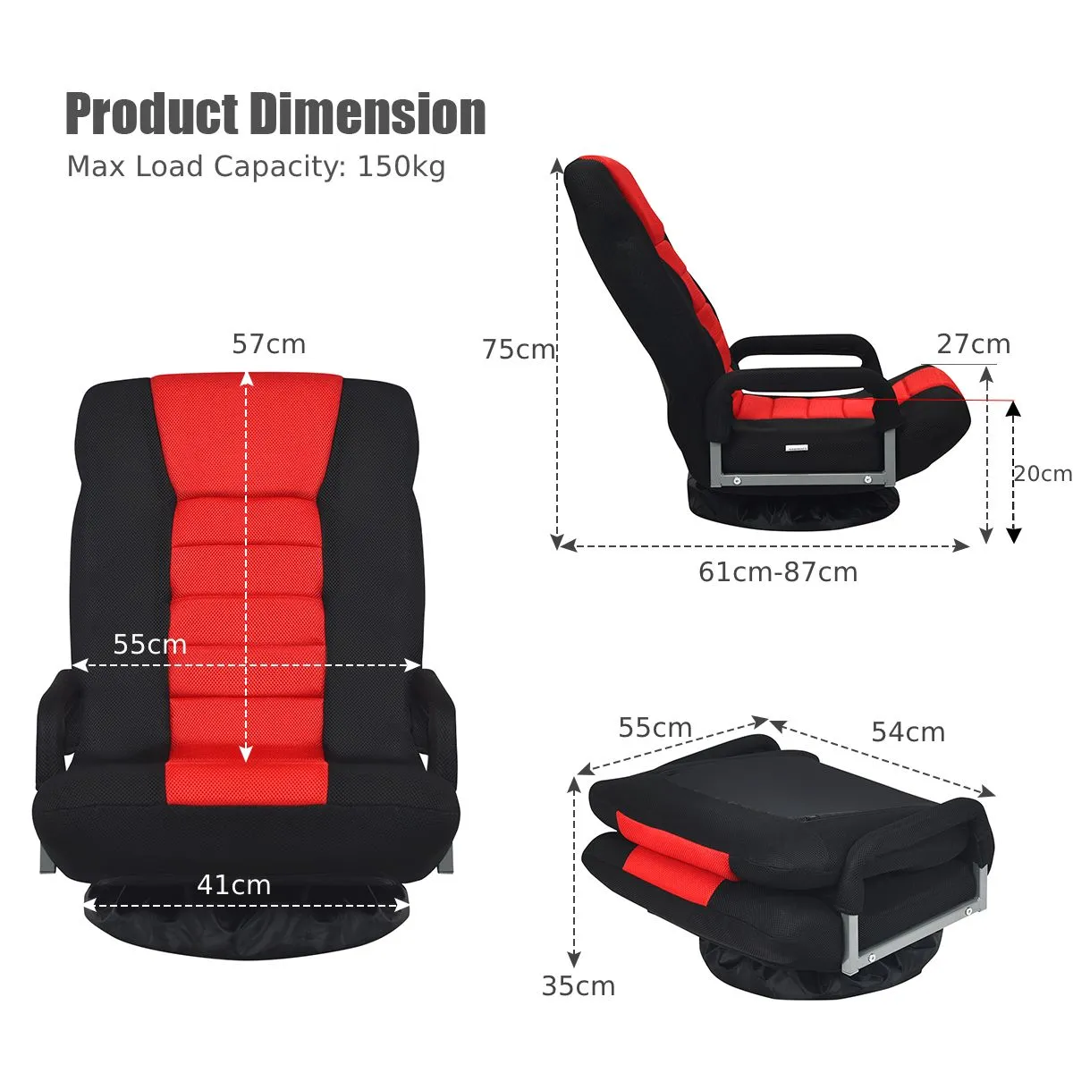 Costway Folding Floor Gaming Chair Adjustable 6-Position Floor Lazy Chair in Red 2