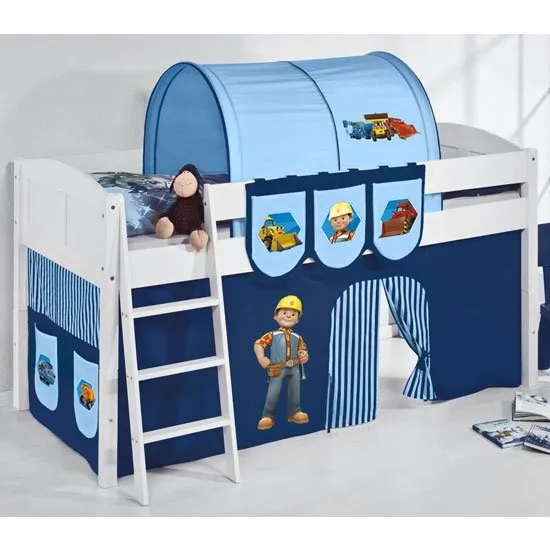 Hilla Children Bed In White With Bob The Builder Curtains